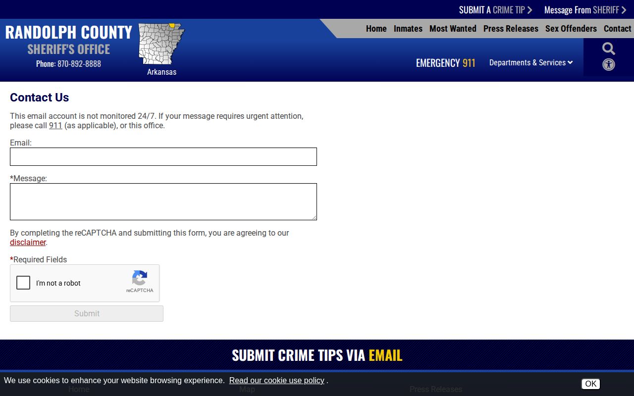 Randolph County Sheriff contact page for custody verification
