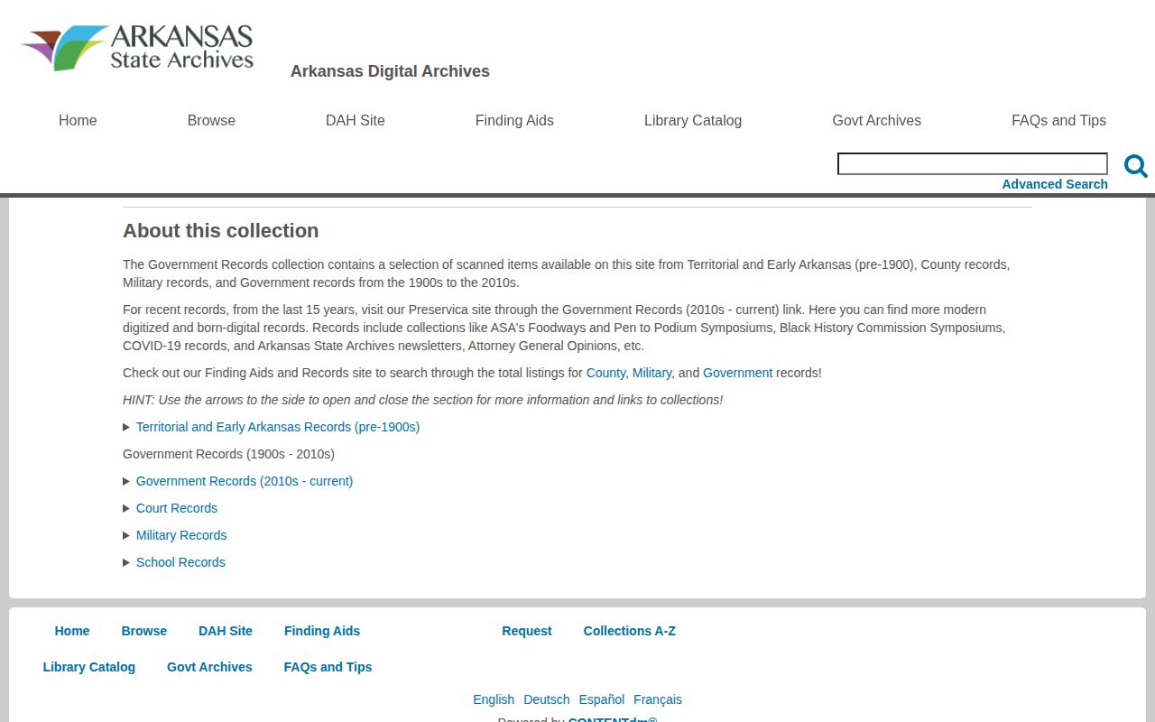 Arkansas Digital Archives government documents collection search