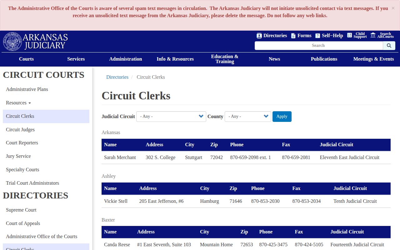 Arkansas Judiciary circuit clerk directory for court record follow-up
